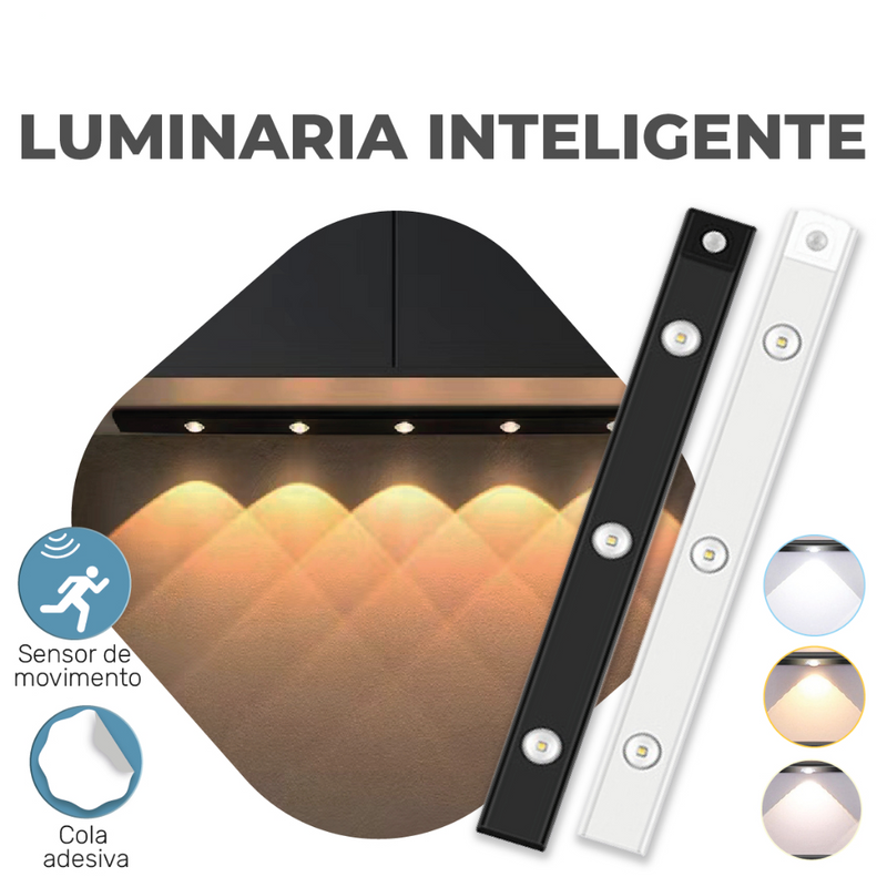 Smart Luminária LED Inteligente com Sensor de Movimento, Recarregável USB, Fina, 20/40/60cm, 3 Módulos